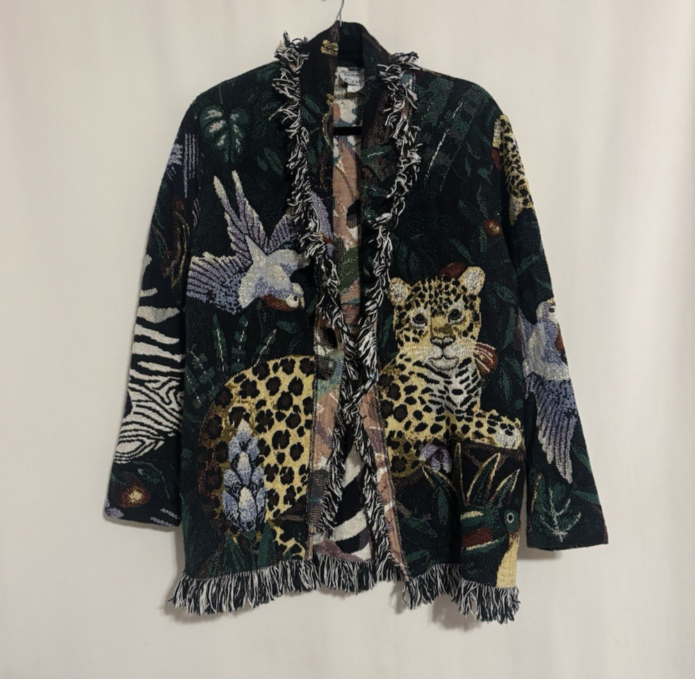 Vtg Something Cotton Cardigan Medium Canvas Tapestry Animal Print USA